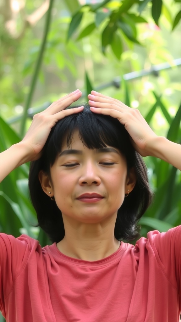 A person performing the Forehead Smoother yoga move in a natural setting, with hands on forehead and eyes closed.