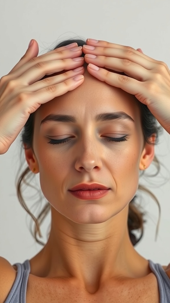 A woman performing the Forehead Smoother Ritual by gently pressing her hands on her forehead, eyes closed.