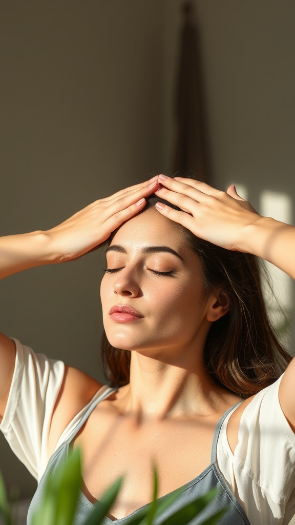 A person practicing the Forehead Smoother Technique in a serene outdoor setting.