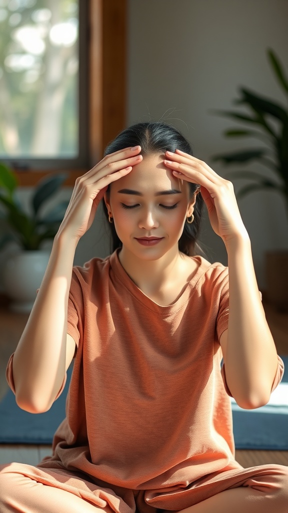 A young woman practicing the Forehead Smoother Technique with her fingers on her forehead.
