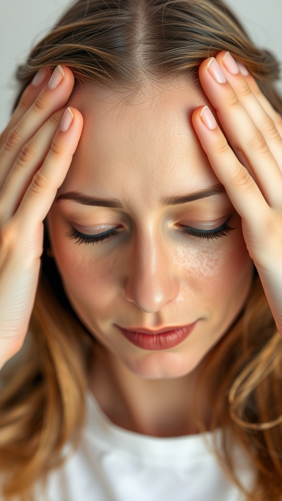 A woman applying pressure to her forehead with both hands, demonstrating the Forehead Smoother Technique.