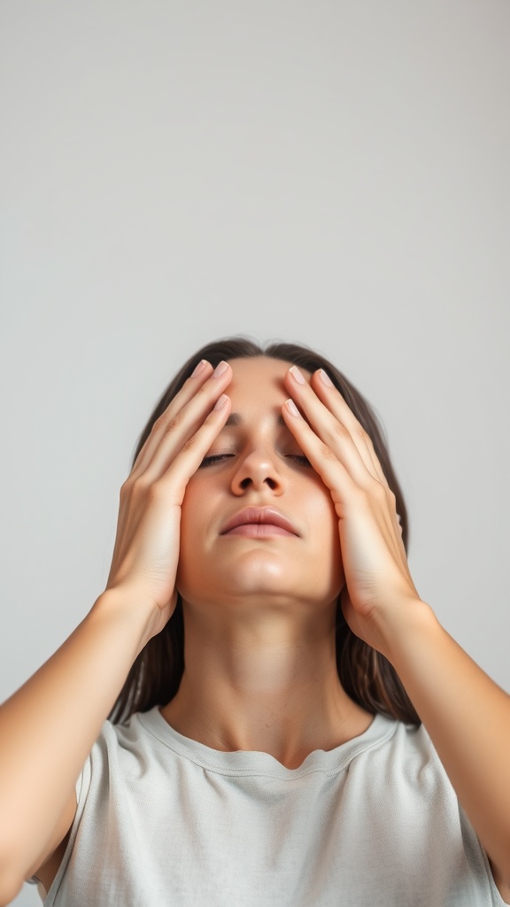 A person practicing the Forehead Smoother Technique with fingers on forehead.