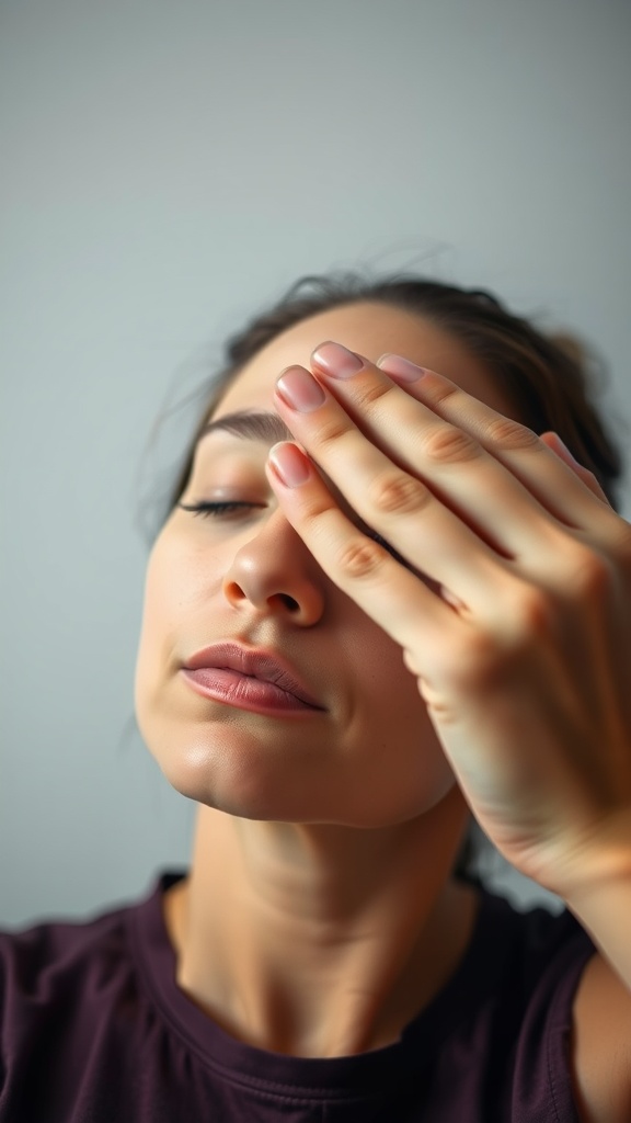 A close-up of a woman performing a forehead smoothing yoga move with her hand on her forehead.