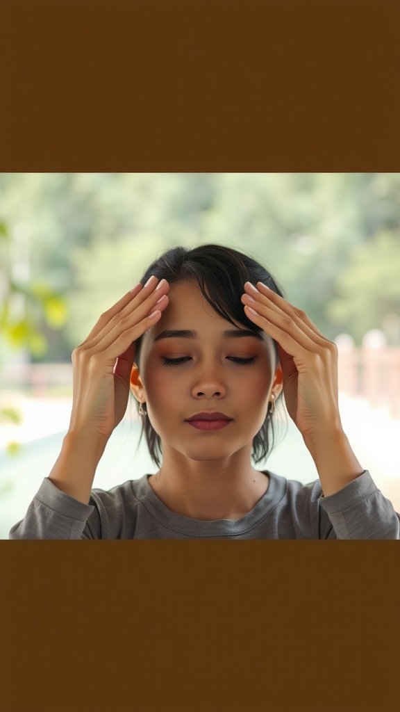 A woman performing a forehead smoothing exercise with her hands on her forehead.