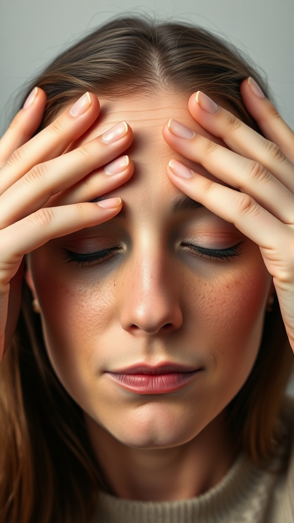 A woman gently pressing her fingers on her forehead, looking relaxed.