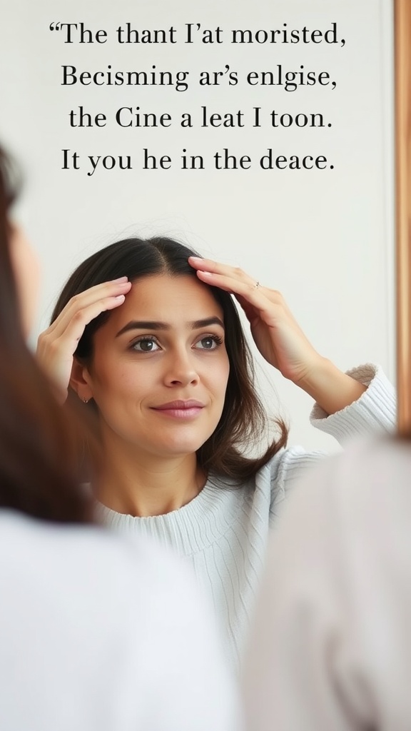 A woman performing the forehead smoothing gesture in front of a mirror.