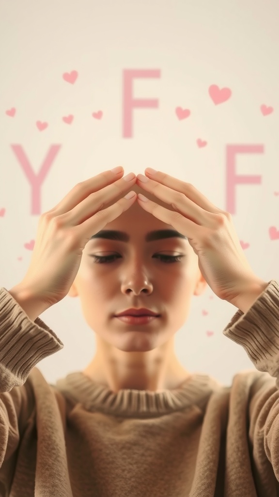 A person performing the forehead smoothing gesture, hands gently placed on forehead with heart graphics in the background.