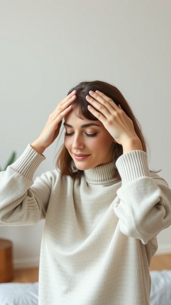A woman practicing forehead smoothing face yoga moves.