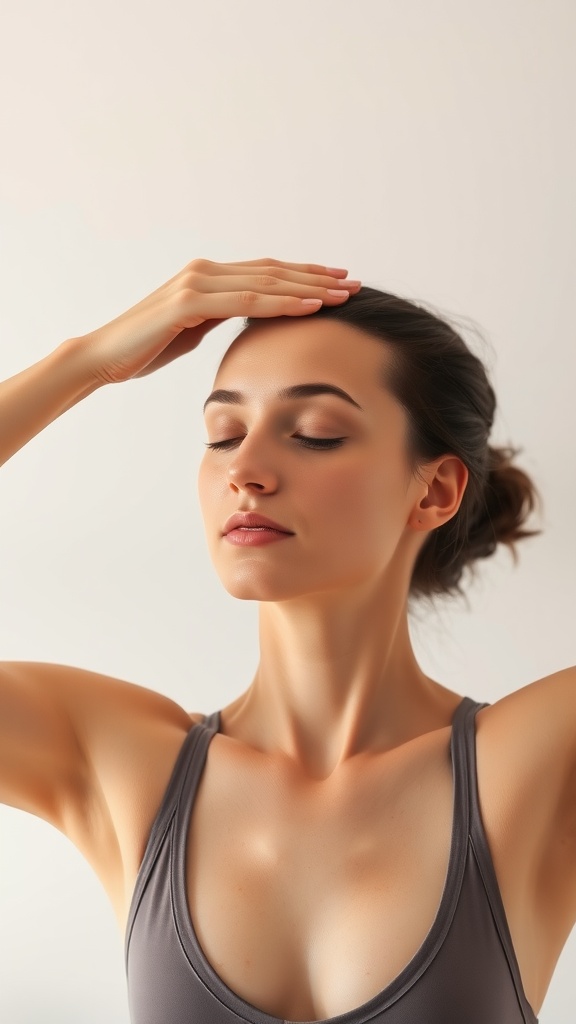 A woman practicing the Forehead Smoothing Technique with her hand resting on her forehead, eyes closed, in a calm and relaxed posture.