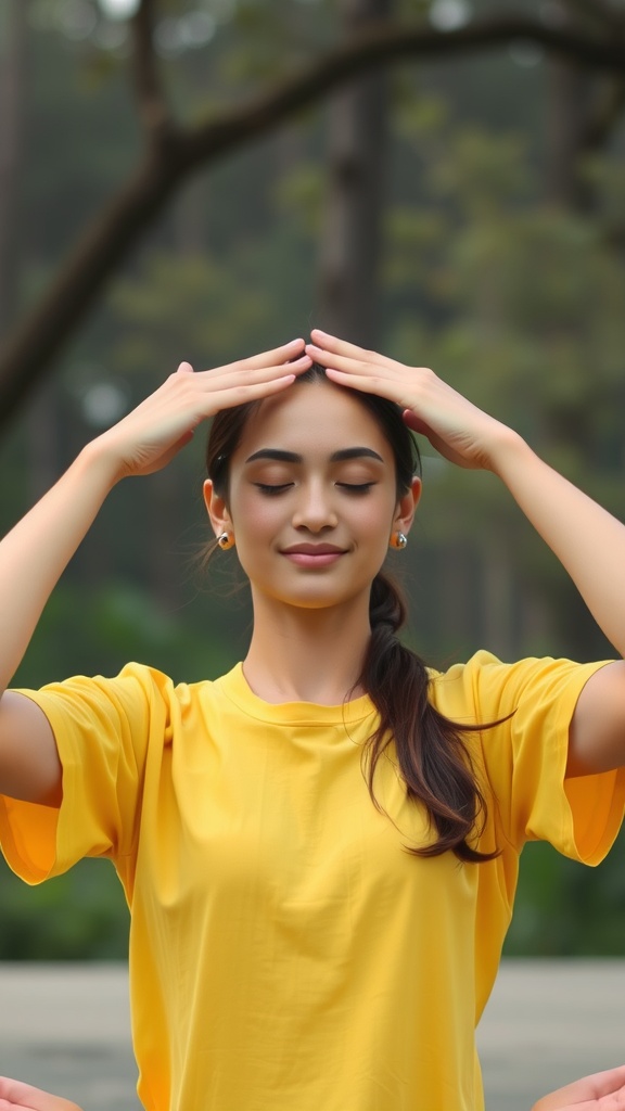 A woman demonstrating the Forehead Smoothing Technique for face yoga.