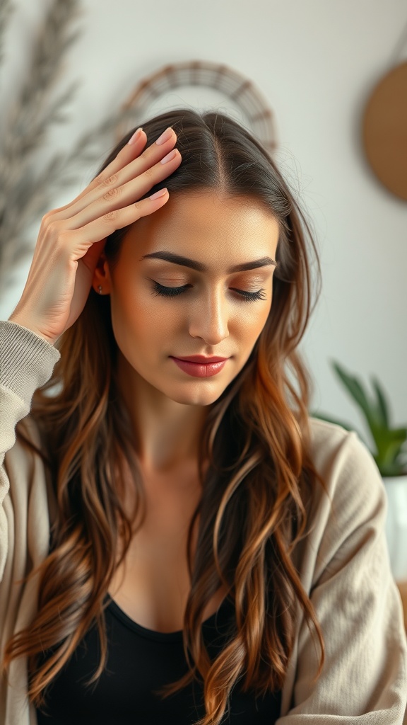 A woman performing forehead smoothing yoga techniques