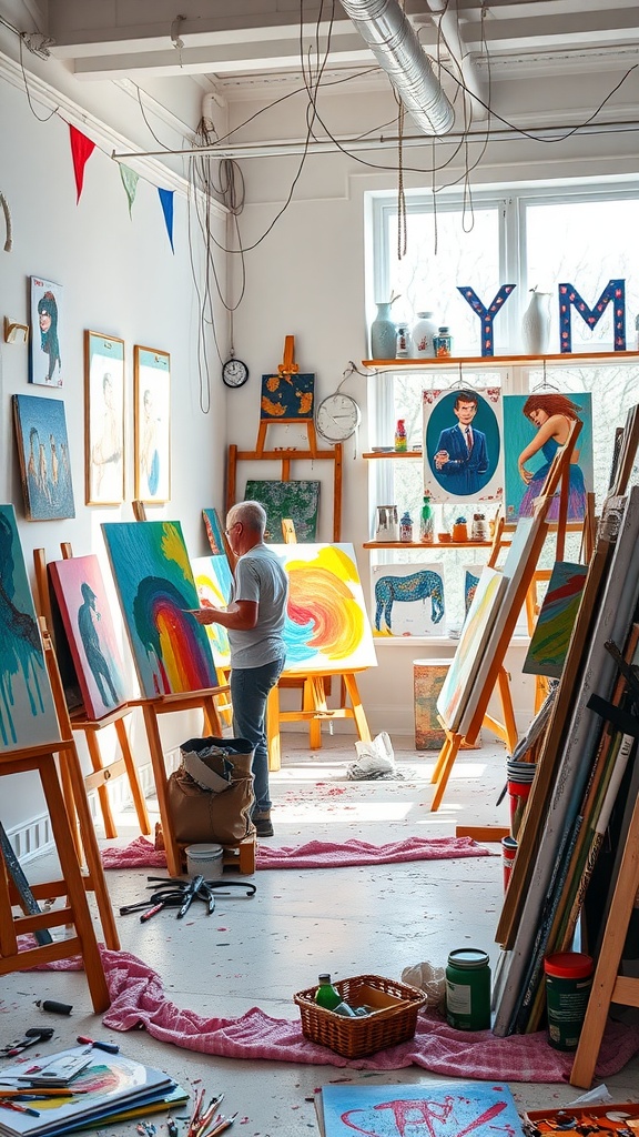 A colorful art studio with a person painting on an easel surrounded by vibrant artworks and art supplies.
