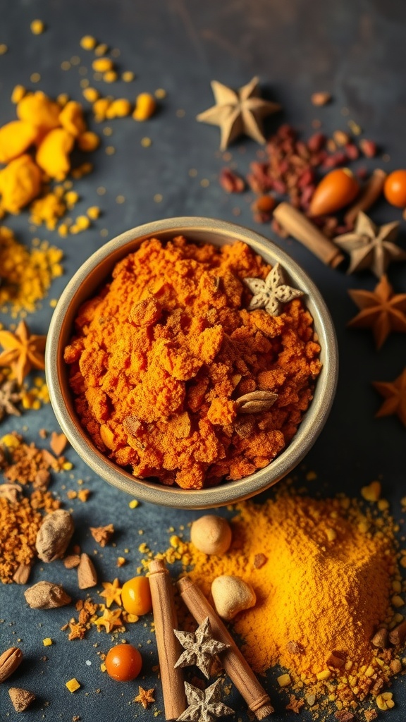 A bowl of vibrant orange curry spice mix surrounded by various spices.