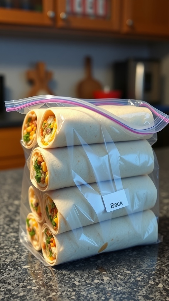 A stack of wrapped breakfast burritos in a bag, ready for the freezer.