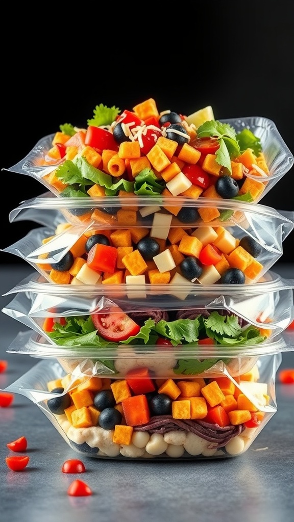 Colorful stacked burrito bowls filled with vegetables and grains