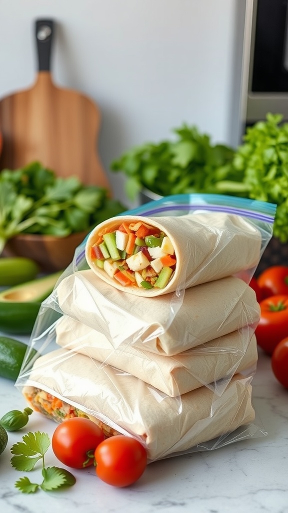 A stack of freezer-friendly burritos ready to grab and go, along with fresh vegetables and herbs