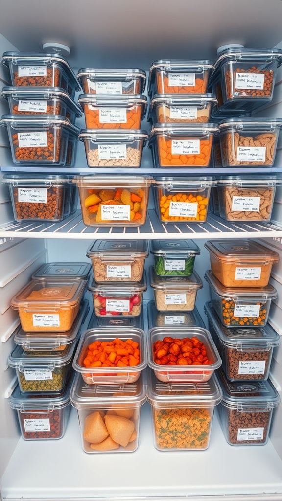 Organized freezer with labeled meal prep containers