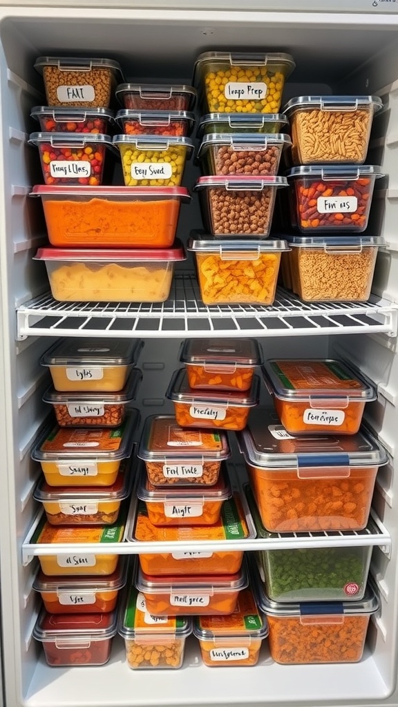 A well-organized freezer with labeled containers filled with various meal prep dishes.