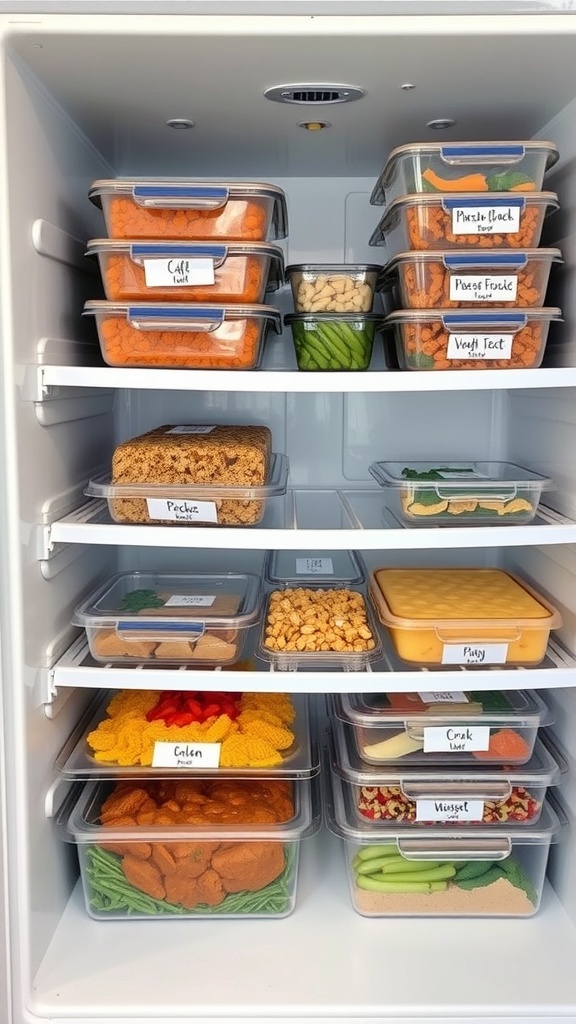 A well-organized freezer with labeled containers filled with colorful meal prep dishes.