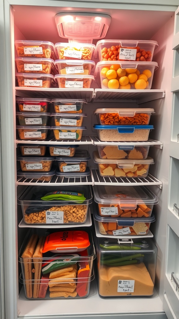 A well-organized freezer filled with labeled containers of various foods.