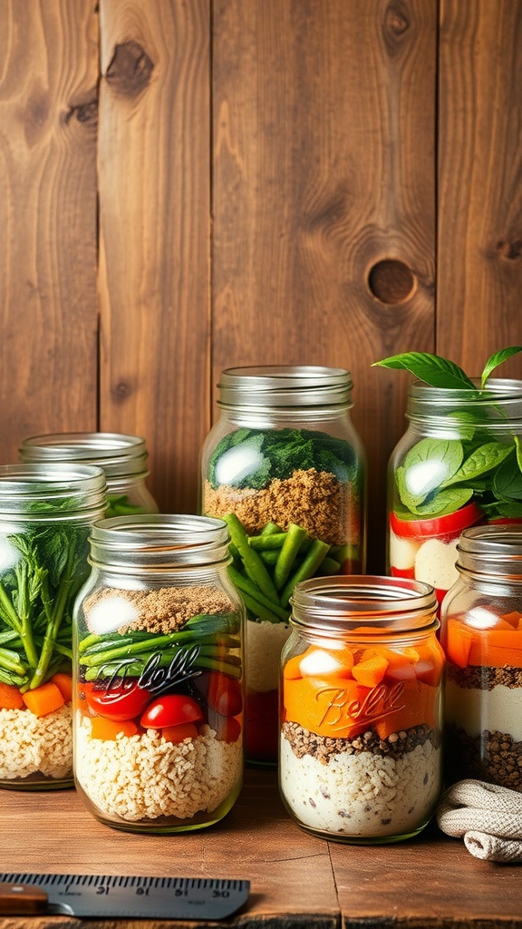 Colorful mason jar meals filled with layers of grains, beans, and fresh vegetables.
