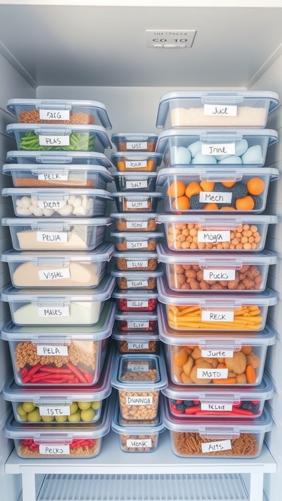 Organized freezer with labeled containers filled with various meal prep options.