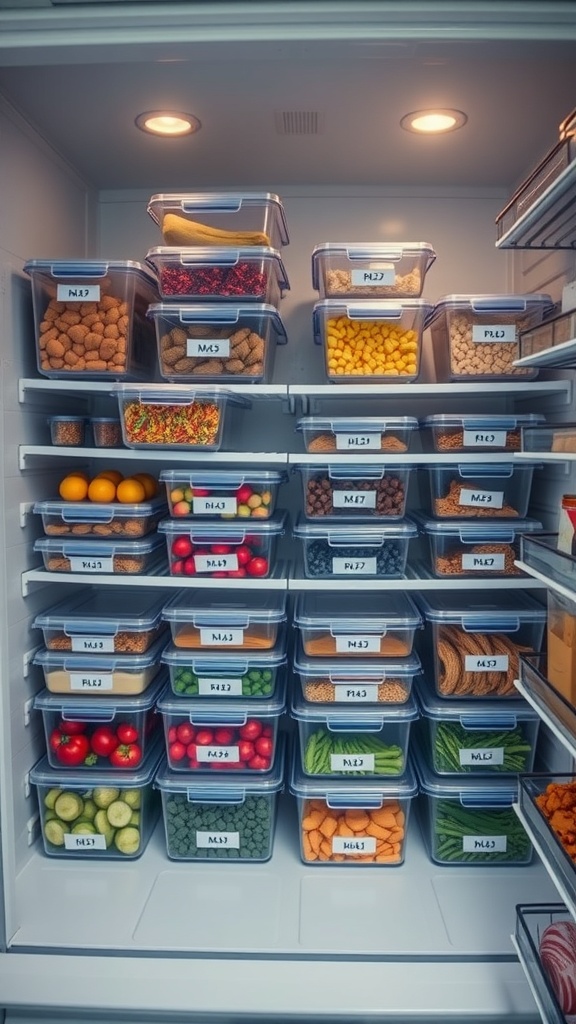 Organized freezer with labeled containers of fruits, vegetables, and other meal prep ingredients.