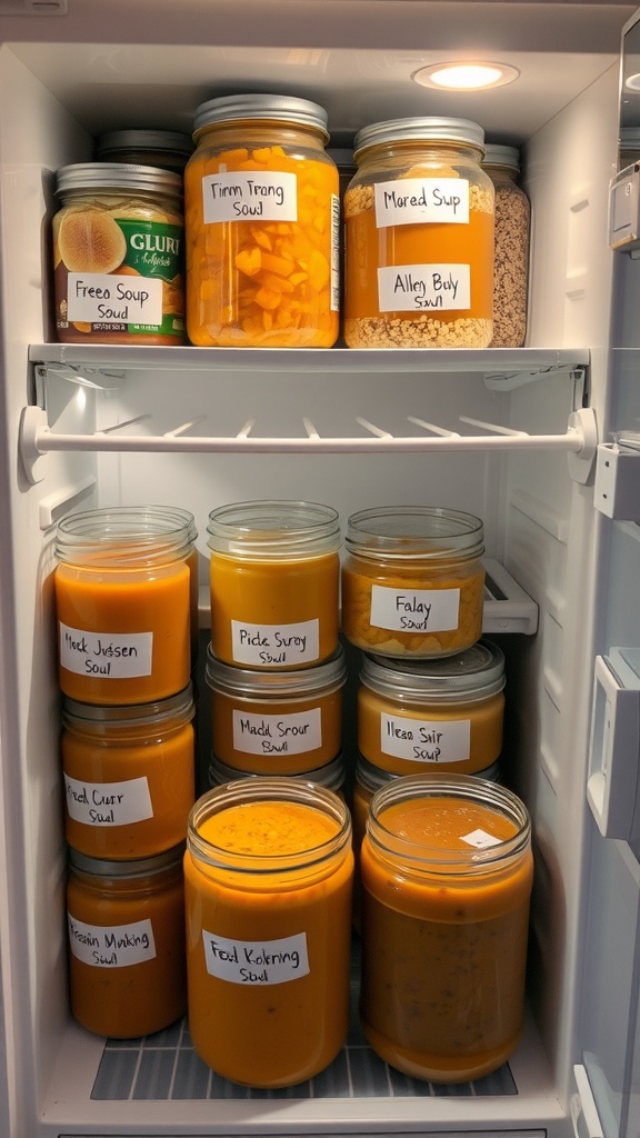 Various jars of soup labeled and organized in a refrigerator.