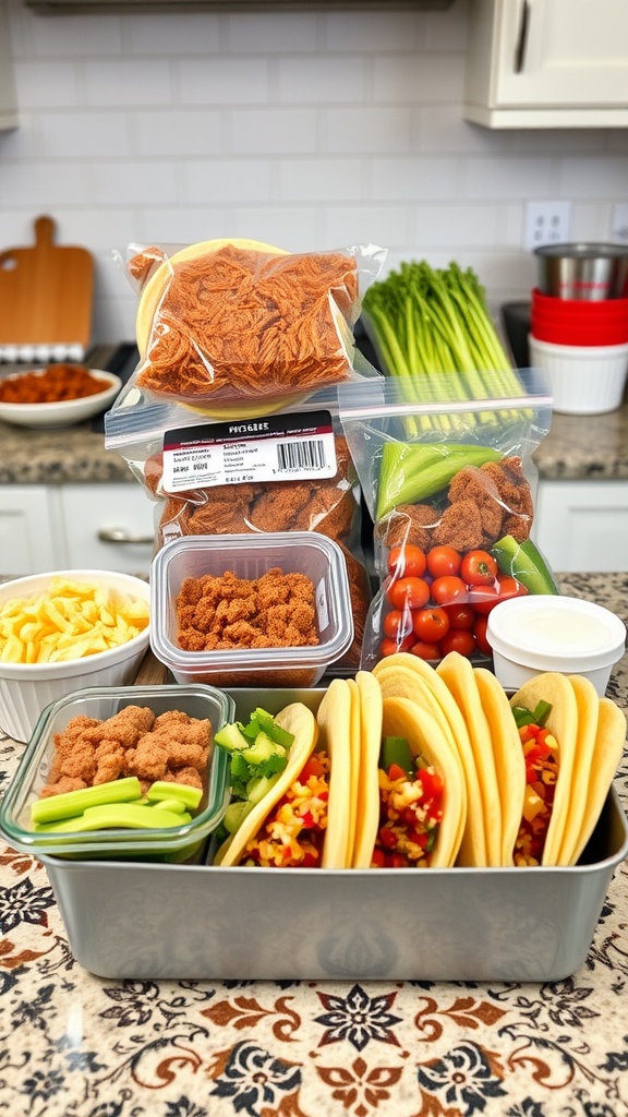 A variety of ingredients for taco kits, including taco shells, meat, cheese, and fresh vegetables.