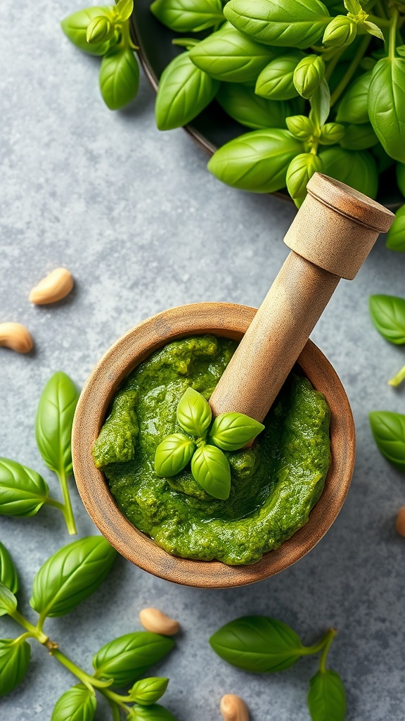 A wooden bowl filled with fresh basil pesto, surrounded by basil leaves and nuts.
