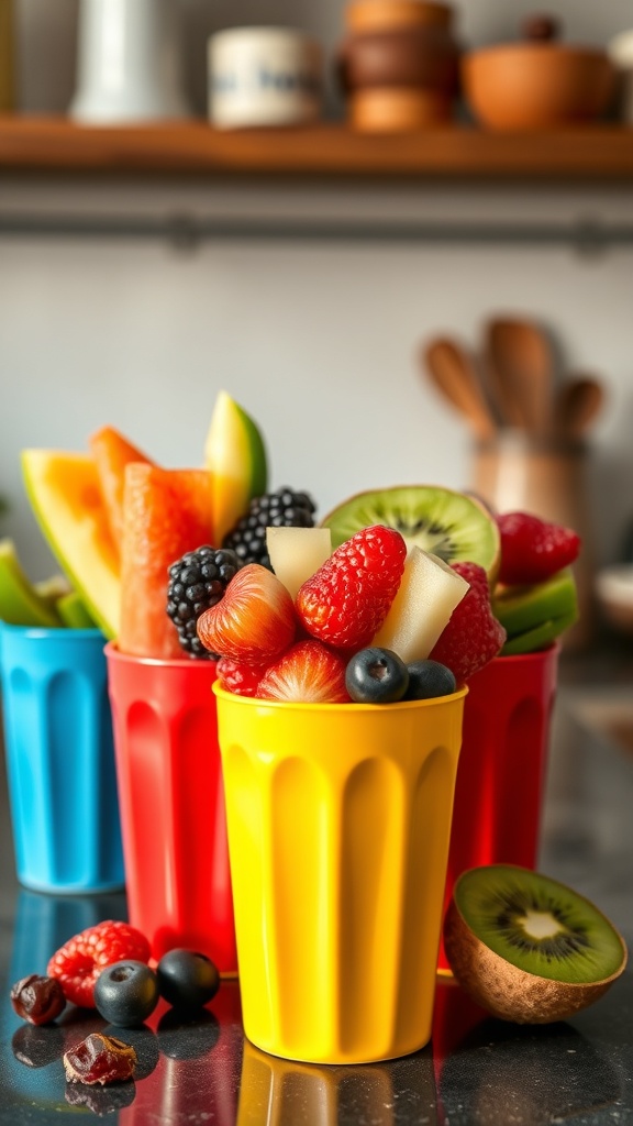 Colorful fruit cups filled with various fruits like watermelon, strawberries, blueberries, kiwi, raspberries, and blackberries.