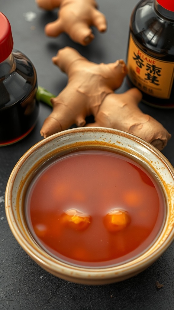 A bowl of fresh ginger soy glaze with ginger roots and soy sauce bottles in the background.
