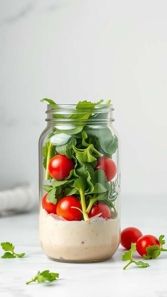 A salad jar filled with cherry tomatoes, greens, and dressing