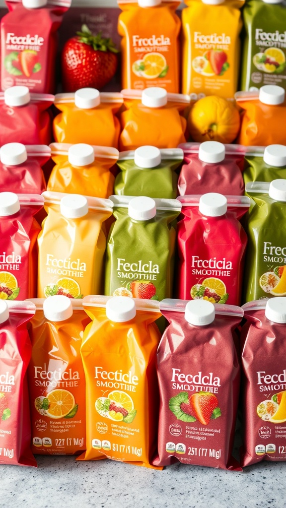 Colorful frozen fruit smoothie packs in zip-top bags, ready for blending.