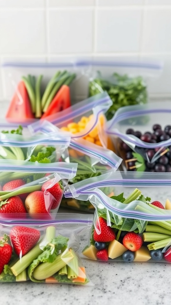 Colorful frozen smoothie packs in ziplock bags filled with fruits and vegetables.