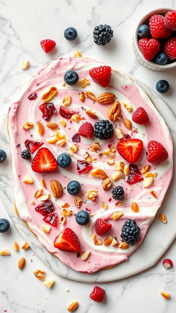 A colorful display of frozen yogurt bark topped with mixed berries and nuts.