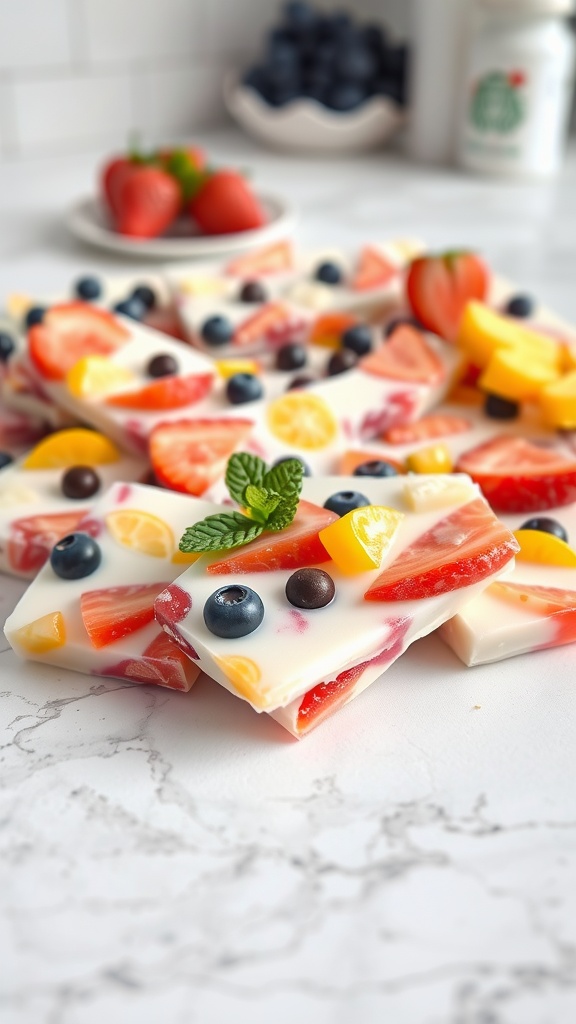 Frozen yogurt bark with fresh fruit and nuts, served on a marble surface