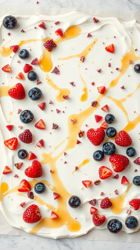 Frozen yogurt bark topped with berries and a drizzle of honey.