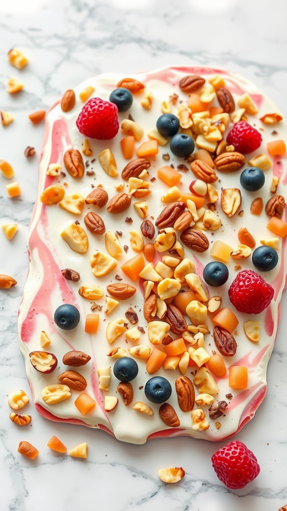 Frozen yogurt bark topped with nuts and berries on a marble surface.
