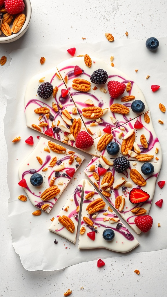 Frozen yogurt bark topped with berries and nuts, cut into pieces