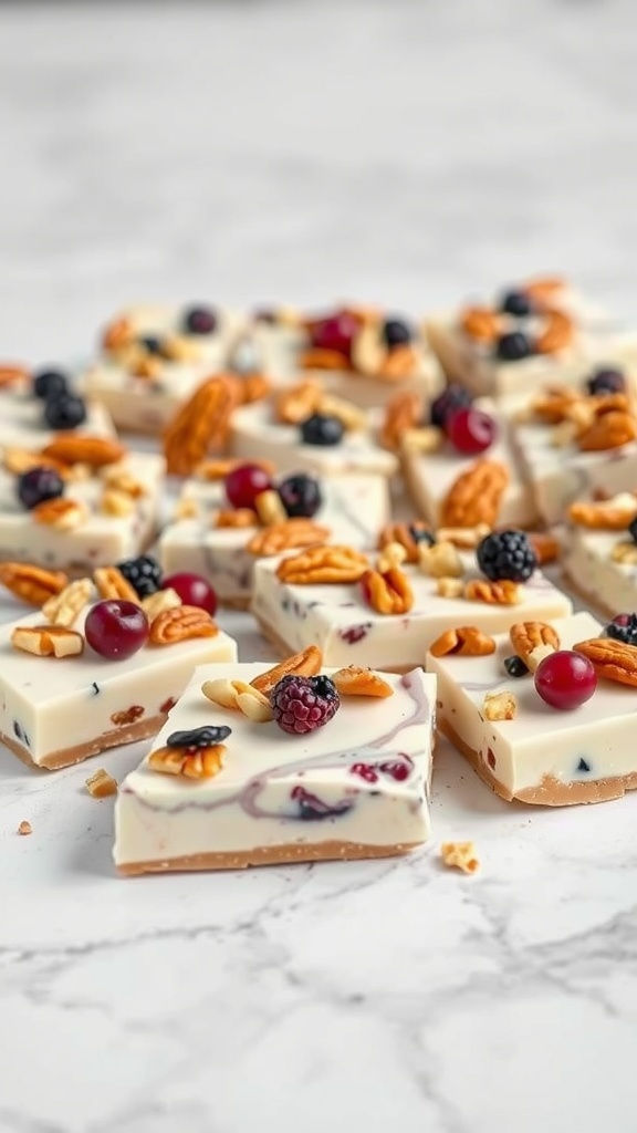 A delicious frozen yogurt bark topped with nuts and colorful fruits