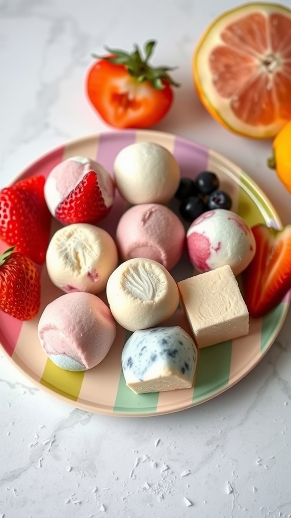 A colorful plate of frozen yogurt bites with strawberries and blueberries