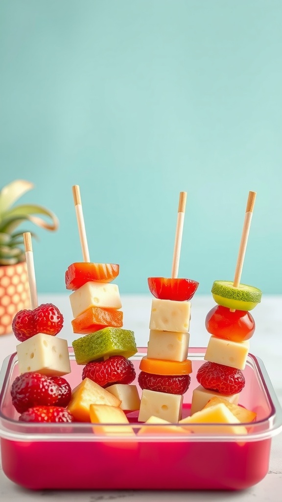 Colorful fruit and cheese kabobs displayed in a lunchbox.