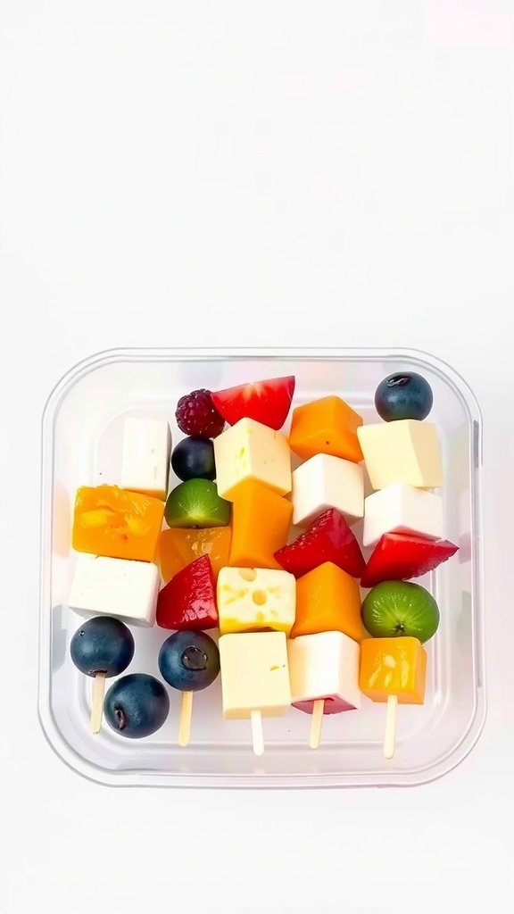 Colorful fruit and cheese kabobs arranged in a lunchbox