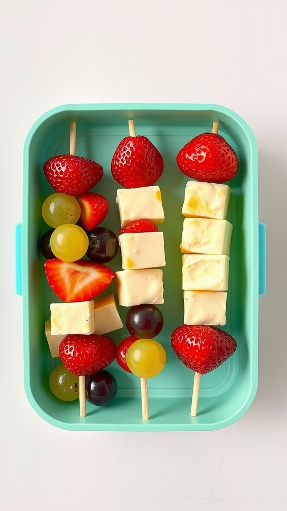 Colorful fruit and cheese kabobs in a lunchbox.