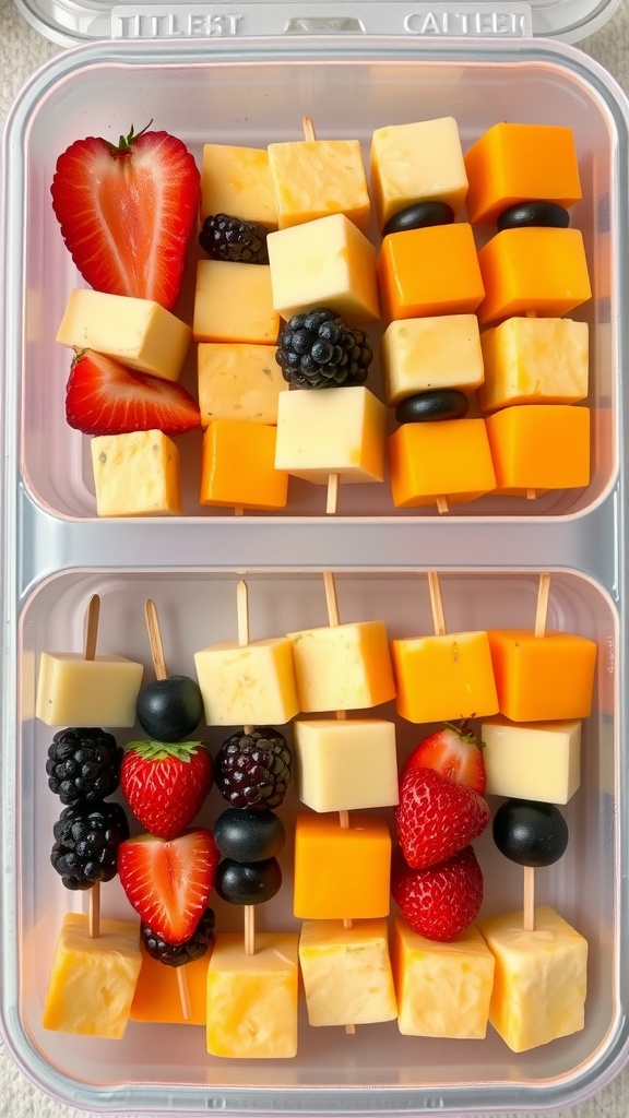 Colorful fruit and cheese skewers in a lunchbox