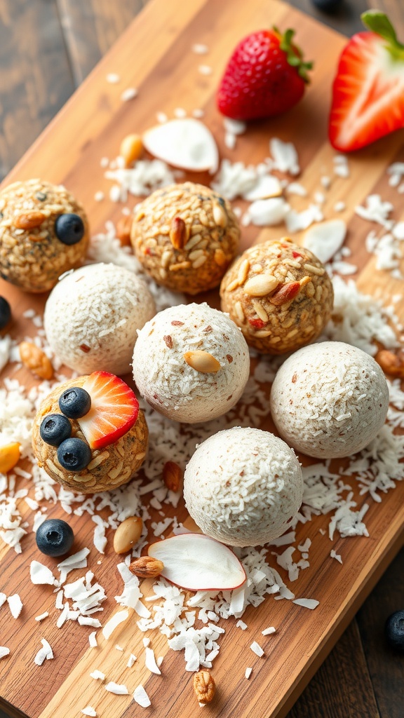 A variety of fruit and nut bliss balls arranged on a wooden platter, garnished with fresh berries and coconut flakes.