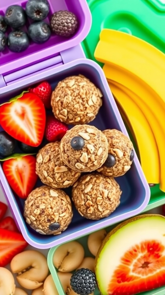 A colorful lunchbox filled with fruit and nut energy balls, strawberries, blueberries, and banana slices.