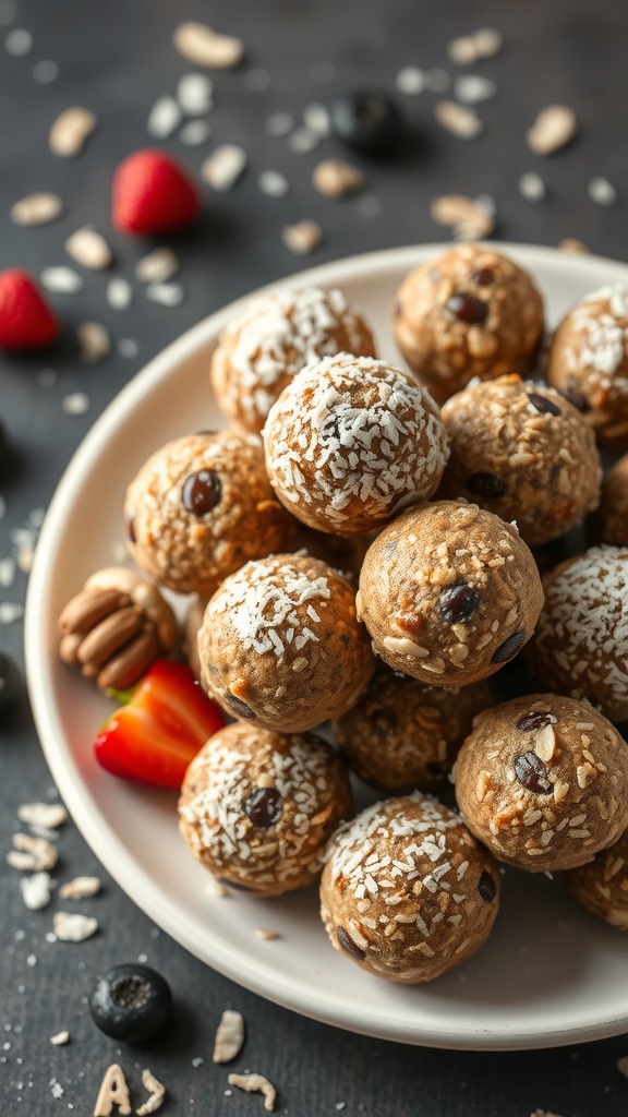 A plate of fruit and nut energy balls, coated with coconut and surrounded by fresh berries and nuts.