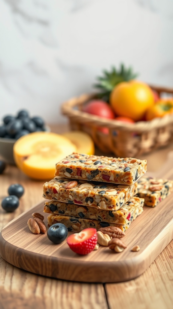 Homemade fruit and nut energy bars stacked on a wooden board with fresh fruits in the background.